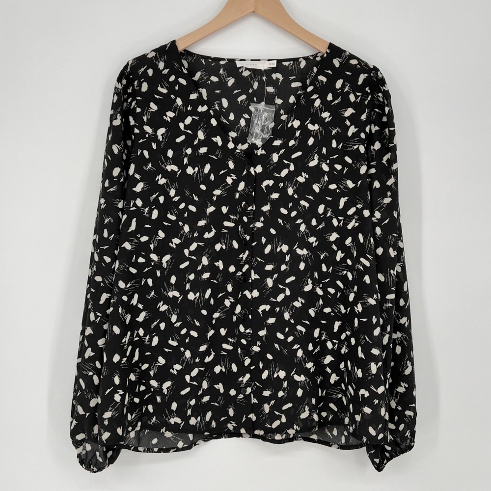 Lush Womens Button Front Abstract Print‎ Blouse Size XL Black Long Sleeve Office